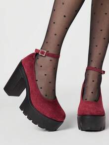 ROMWE Giày Mary Jane nữ bít mũi, quai chéo, kiểu Punk Goth, đế dày, quai cài, giày công sở chống thấm nước. - Vải đỏ rượu - - Xem 1