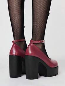 ROMWE Women's Closed Toe Cross-Strap Mary Jane Shoes, Punk Goth Platform Thick Heel Strap Buckle Strap JK Uniform Shoes, Waterproof Work Heels - Burgundy leather - View 5