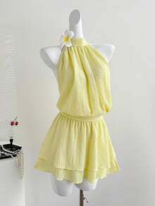 Sweetra Rochie de vacanță elegantă și romantică, tricotată texturată, fără spate, cu bretele și legături, pentru femei, primăvară/toamnă - Galben - Vizualizare 1