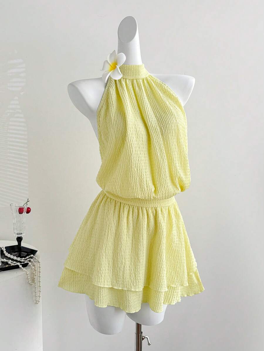 Sweetra Rochie de vacanță elegantă și romantică, tricotată texturată, fără spate, cu bretele și legături, pentru femei, primăvară/toamnă - Galben - Vizualizare 1