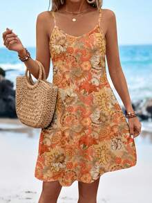 Sylviya Women V-Neck Spaghetti Strap Summer Beach Vacation Mini Dress,Vacation - Multicolor - View 5