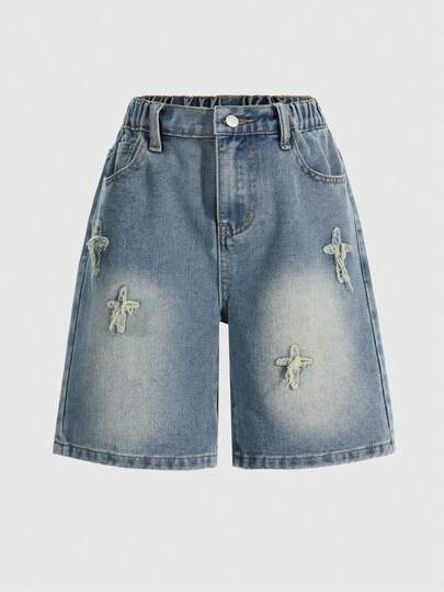Tween Boy Distressed Denim Shorts, Vintage Washed Soft Denim Fabric, Relaxed Fit, Star Embroidery Decor, Versatile Casual Wear For School Or Weekend, Spring 2026 New Arrival