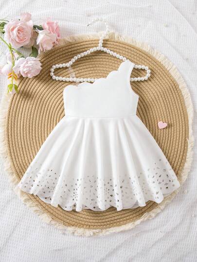SHEIN Baby Girl Elegant & Cute White Hollow Floral Pattern Asymmetric-Shoulder Slip Dress