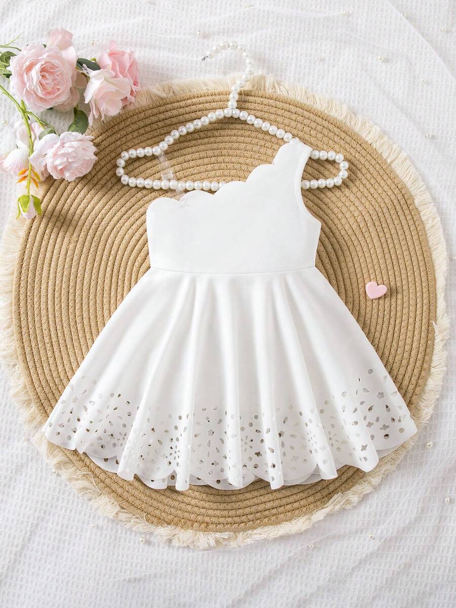 SHEIN Baby Girl Elegant & Cute White Hollow Floral Pattern Asymmetric-Shoulder Slip Dress - White - View 1