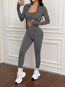 SHEIN PETITE 3pcs Brown Knit Women's Sports Set, Suitable For Yoga, Running, Workout, Daily Wear, Autumn/Winter - Grey - View 8