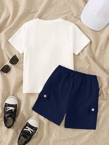 SHEIN Streecool Kids Set Kaos Saku dan Celana Pendek Tali Serut Kasual untuk Anak Laki-Laki - Navy Blue - View 2