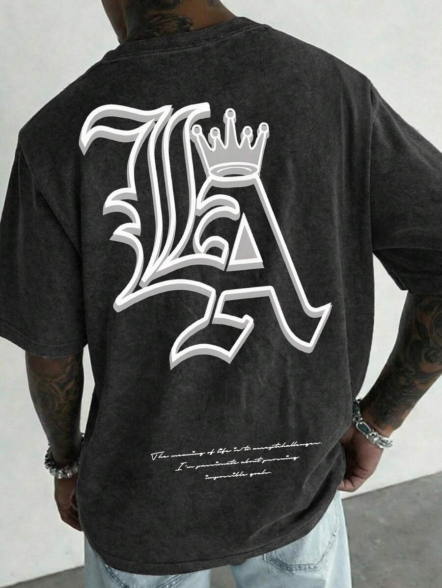 Manfinity EMRG 男士洛杉矶街头复古棉质圆领短袖T恤 - 黑色 - 查看 1