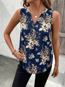 SHEIN Clasi 春夏植物印花无袖V领修身女式衬衫 - 藏蓝色 - 查看 6