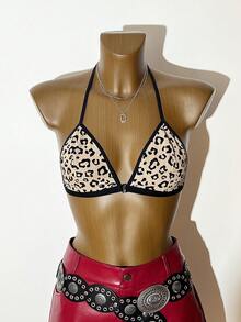 Leopard Print Lingerie Set, Comfortable 3-Piece Sexy Halter Tie Lingerie - Multicolor - View 6
