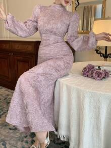 DAZY Đầm in hoa màu tím mùa xuân hè, đầm midi dáng xòe thanh lịch với tay phồng, thích hợp cho đám cưới, tiệc tùng, các dịp trang trọng. - Hồng - Xem 6