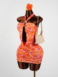 SaltGleam SaltGleam 女士夏季海岛度假性感紧身露背迷你连衣裙，印花镂空设计时尚吊带裙 - 橘色 - 查看 5