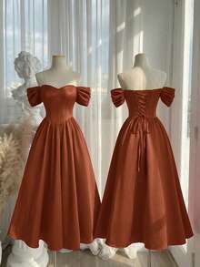 SHEIN MOD Đầm midi trễ vai thắt eo cỡ lớn dành cho nữ, màu đỏ tía, mùa thu/đông, Halloween, chủ đề "Ác mộng trước Giáng sinh", trang phục Halloween cho nữ, dự tiệc, thanh lịch, đầm satin đỏ, đầm trễ vai, đầm dạ hội đỏ, đầm dài đến bắp chân đỏ, đầm dự tiệc đỏ, đầm dự đám cưới cho nữ. - màu nâu - Xem 10