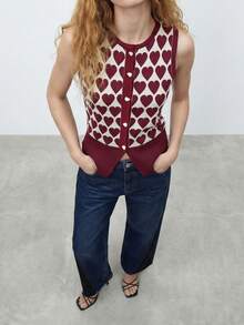 Maija Women's Heart Pattern Sleeveless Knit Top With Metal Heart Buckle,Burgundy,Summer,90s Retro,Everyday Chic Essential Maroon Knit Top For Work - Red and White - View 9