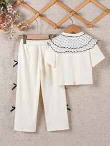 New 4-7 Years Old Girls Spring/Summer Ice Silk Ribbed Ruffle Collar Short Sleeve Top And Long Pants 2-Piece Set, Suitable For 4-7 Years Old Girls, Fashionable Daily Casual Wear, Suitable For School, Vacation, Travel, Outdoor Sports, Back To School - Apricot - View 2