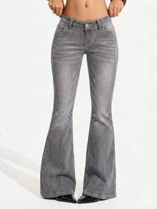 Flirla Celana Jeans Wanita Model Flare Berpinggang Sangat Rendah Warna Abu-abu, Cocok untuk Acara Santai Musim Dingin - Grey - View 8