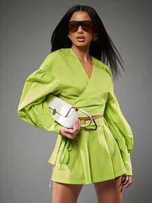 NYA SZN 女士时尚纯色绿色棉质裹身衬衫 - 綠色 - 查看 1