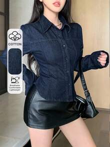 DAZY 女士休闲街头风短款牛仔外套，撞色缝线设计，秋冬季时尚百搭 - 深色水洗藍 - 查看 1