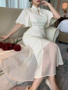 DAZY Đầm nữ thanh lịch họa tiết hoa phối ghép, cổ tàu, tay bồng, dài ngang gối, mùa hè, đầm dự tiệc cưới, đầm maxi nữ. - Màu be - Xem 4