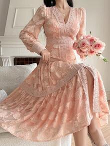 DAZY Women's Elegant Floral Lace Patchwork V-Neck Petal Sleeve Mid-Length Dress, Spring/Summer,Wedding Guest Dress Women Sundress - Pink - View 3