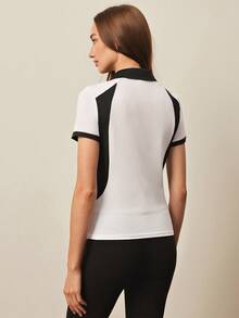 With My Calm Top équestre à col polo ajusté et manches courtes pour femmes, pour les sports et les activités de plein air. Vêtements équestres, chemises de golf pour femmes. Tenue d'équitation et de golf pour femmes. Polo de travail pour femmes. Polo athlétique pour femmes. Polo d'équitation pour femmes. Chemise d'équitation pour femmes. - Noir et Blanc - Voir 2