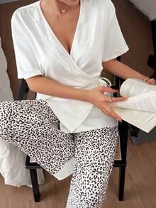 DAZY Lace Patchwork Loose Cardigan Top & Leopard Print Trim Pajama Pants Women Sleepwear Set - White - View 4
