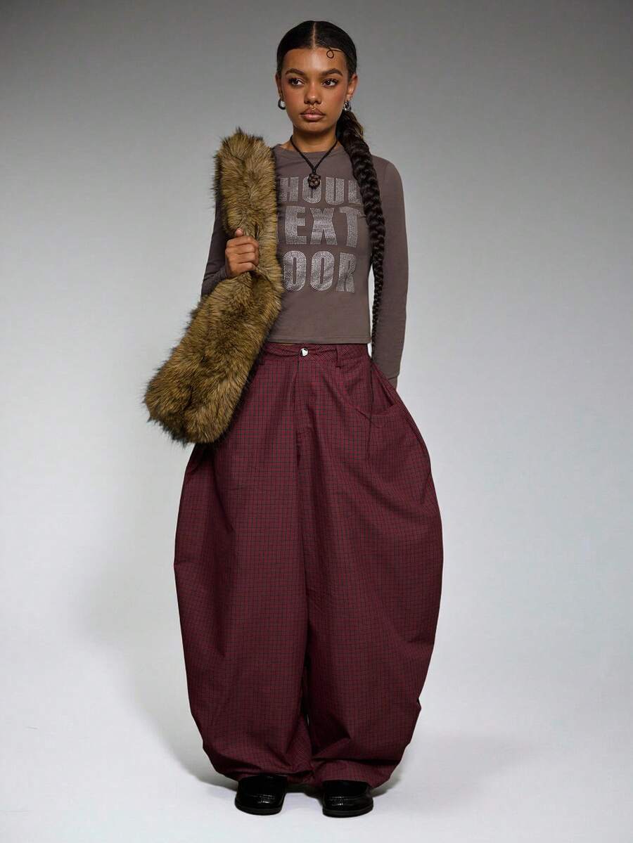 COUREZ Pantalones holgados de tiro bajo a cuadros de algodón unisex para mujeres y hombres - Rojo - Ver 1