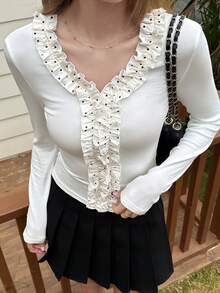 DAZY White Carnival Polka Dot Ruffle Trim Fitted Women T-Shirt, Spring - White - View 1