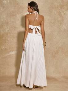 SHEIN BAE 女士休闲度假纹理棉质刺绣露背吊带镂空连衣裙，适合海滩度假、海滩派对、姐妹聚会、音乐节等场合，白色棉质刺绣连衣裙 - 白色 - 查看 2