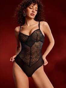 1 bộ jumpsuit nữ màu đen phối ren và lưới, xuyên thấu, gợi cảm. - màu đen - Xem 1