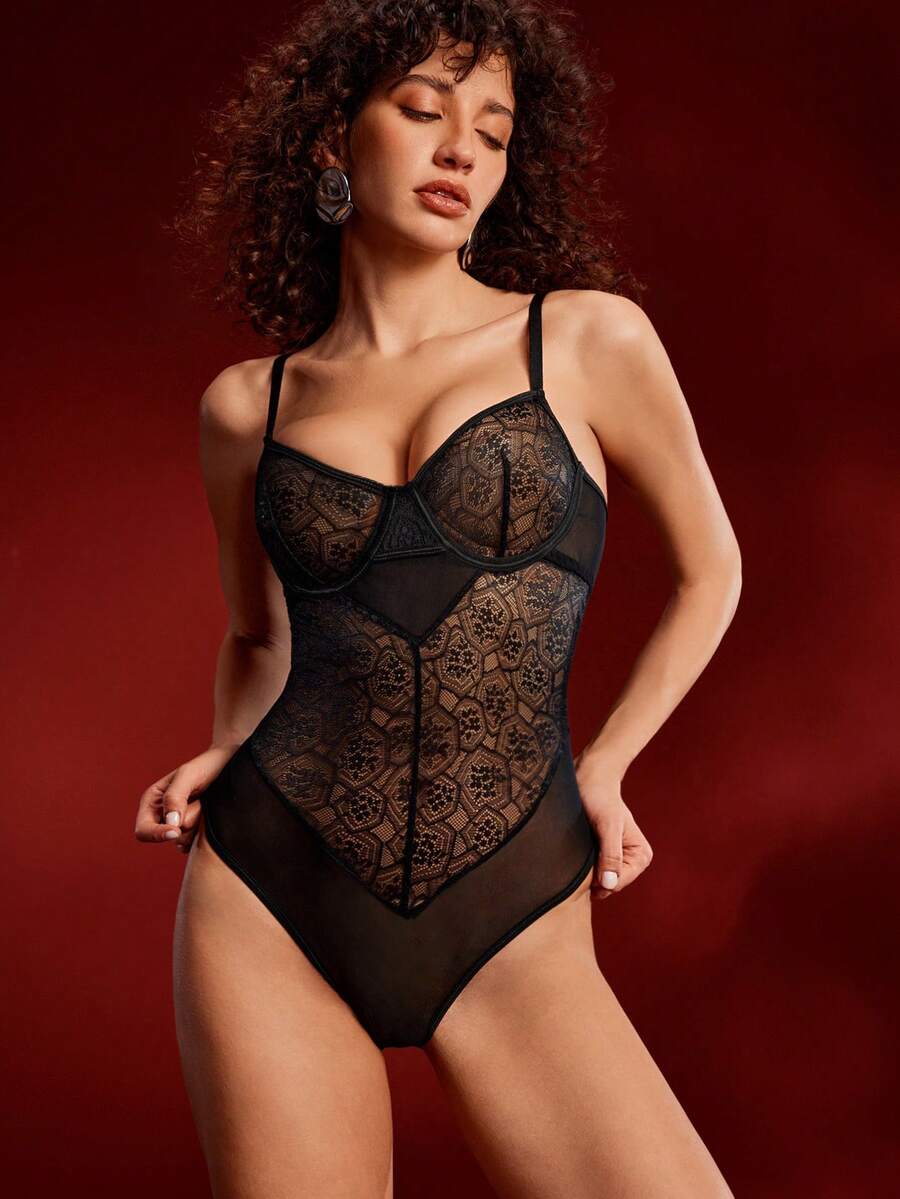 1 bộ jumpsuit nữ màu đen phối ren và lưới, xuyên thấu, gợi cảm. - màu đen - Xem 1