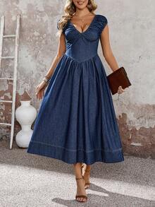 EMERY ROSE 女士V领褶皱腰身优雅牛仔连衣裙，适合约会和外出穿着 - 藍色 - 查看 5