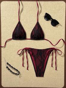 ROMWE Goth Women's New Maroon Base With Black Lace V-Neck Halter Backless Triangle Tie-Up Bikini Swimwear 2-Piece Set, Spring/Summer - Burgundy - View 2