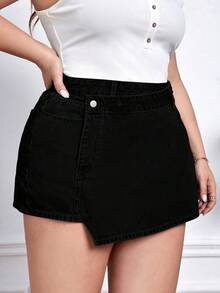 SHEIN CURVE+ Pantaloni gonne in jeans neri taglie forti per donna, non elasticizzati, outfit sexy primaverili - nero - Visualizzare 5