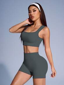 Sovereign Charm Damen Set aus einfarbigem geripptem Sport-Top und Shorts - Dunkelgrau - Übersicht 4