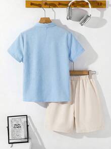 SHEIN Tween Boy Casual Short Sleeve V-Neck Shirt And Shorts Set,Kids Holiday Vacation Light Blue Summer - Blue - View 2