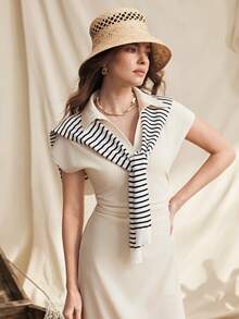 Zovinel V-Neck Ruched Waist Loose Casual Dress, Comfortable Jersy Fabric, Minimalist Design For Work, Street, Daily Wear,Spring/Summer Beach Style Vacation,Holiday Outfits - Apricot - View 4