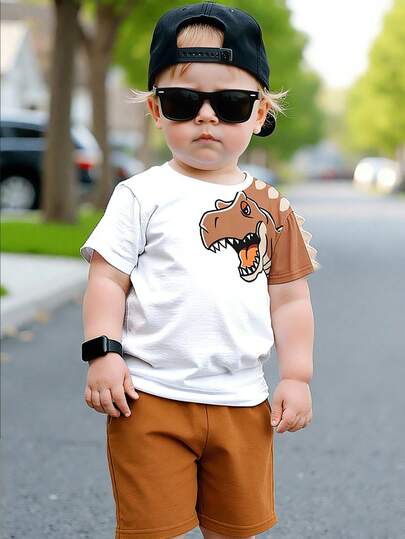 SHEIN Bubblio 2pcs Kids Dinosaur Graphic T-Shirt And Shorts Set, Casual Minimalist Round Neck Short Sleeve Outfit For Summer