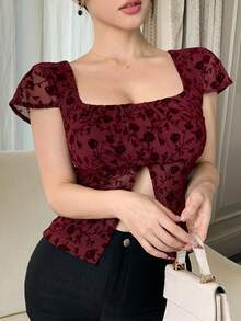 DAZY 女士优雅花卉植绒网纱开衩上衣，夏季 - 紅色 - 查看 4