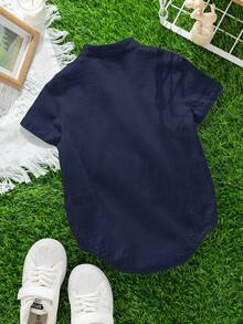 SHEIN Baby Boy/Girl Casual Daily Wear Mandarin Collar Snap-Up Romper, Suitable For Spring/Summer Indoor & Outdoor - Navy Blue - View 2