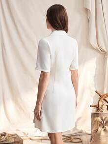 Zovinel Linen White And Beige Fitted Dress With Suit Lapel Design, Spring/Summer Beach Style Vacation,Holiday Outfits - Multicolor - View 2