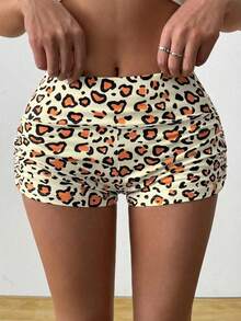 SHEIN EZwear Leopard Print Ruffle Hem Fitted Shorts, Suitable For Daily Wear, Sports And Parties - Multicolor - View 4
