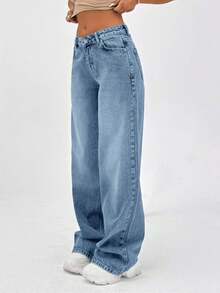 SHEIN 100% Cotton LOW RISE WIDELEG CUT VINTAGE WASH Y2K BAGGY JEANS TALL - Baby Blue - View 5