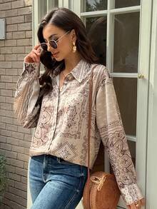 Vivie Lora 女士宽松腰果花长袖优雅衬衫 - 卡其色 - 查看 6