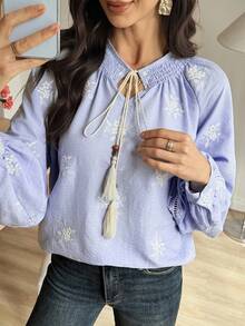 Vivie Lora Women's Embroidered Loose Striped Vacation Shirt Boho Long Sleeve - Blue - View 8