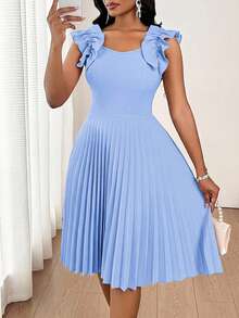SHEIN Lady Women's Pleated Ruffle V-Neck Sleeveless Short Dress - Baby Blue - View 3