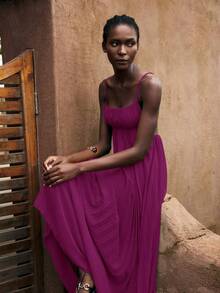 Maija 女士夏季度假连衣裙，简约无袖纯色波西米亚风沙滩裙，适合春夏季节穿着 - 紫色 - 查看 4