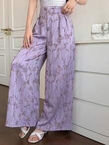 DAZY Women's Elegant Floral Print Wide Leg Maxi Pants, Spring/Summer - Purple - View 3