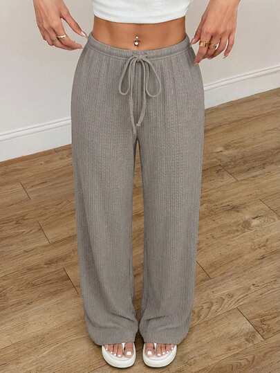 SHEIN PETITE Women's Summer New Knitted Texture Casual Pants, Suitable For Vacation Wear, Autumn/Winter Casual Home