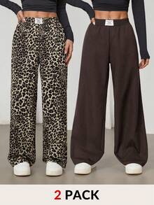 SHEIN PETITE 2条装女士新款黑色豹纹阔腿裤 - 彩色 - 查看 1