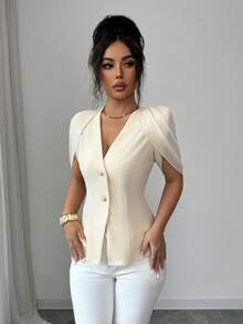 SHEIN Elenzya 女士优雅浪漫修身西装外套，V领设计，褶裥收腰 - 杏色 - 查看 6